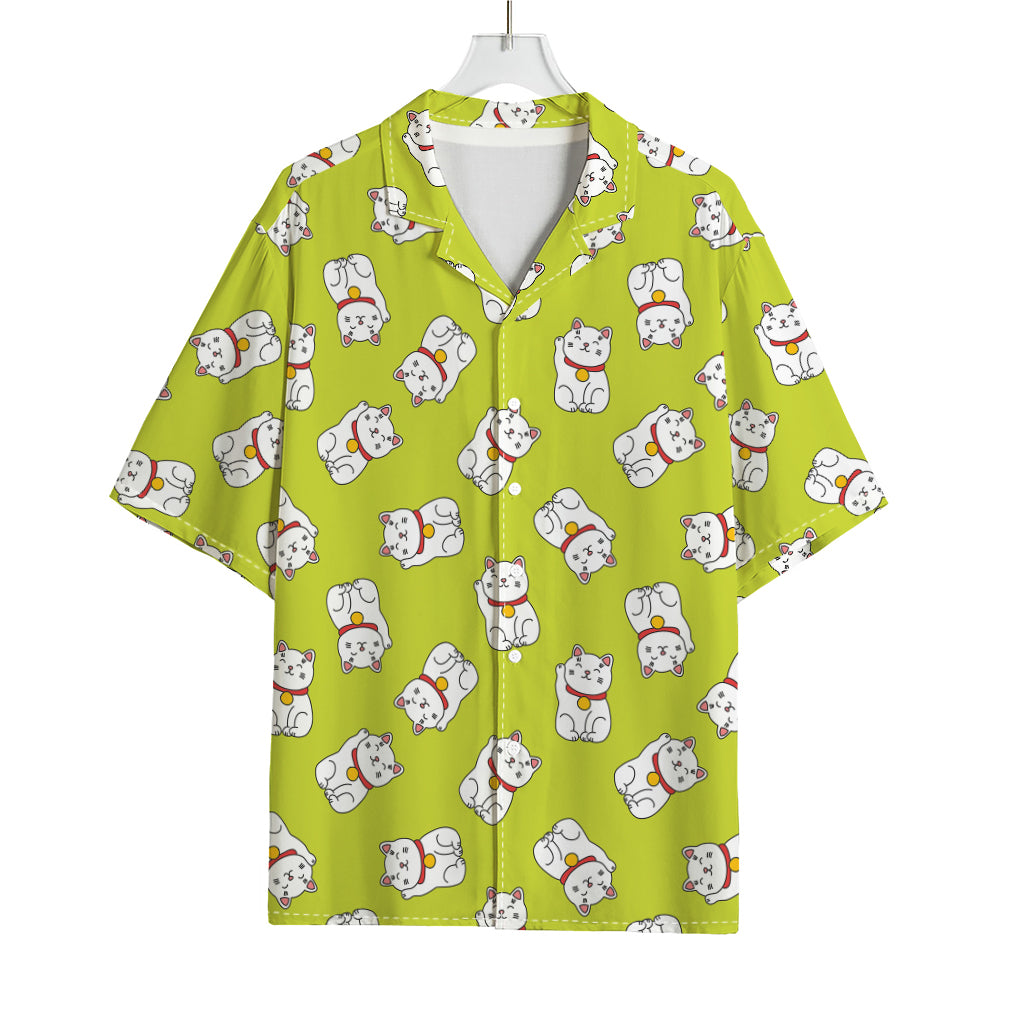 Japanese Lucky Cat Cartoon Print Rayon Hawaiian Shirt