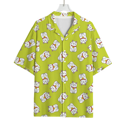 Japanese Lucky Cat Cartoon Print Rayon Hawaiian Shirt