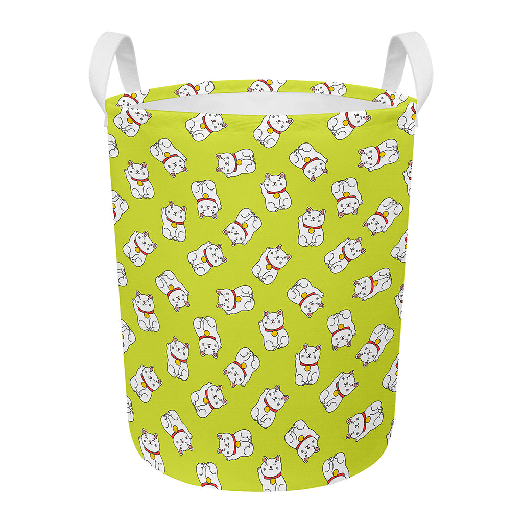Japanese Lucky Cat Cartoon Print Round Laundry Basket