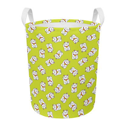 Japanese Lucky Cat Cartoon Print Round Laundry Basket