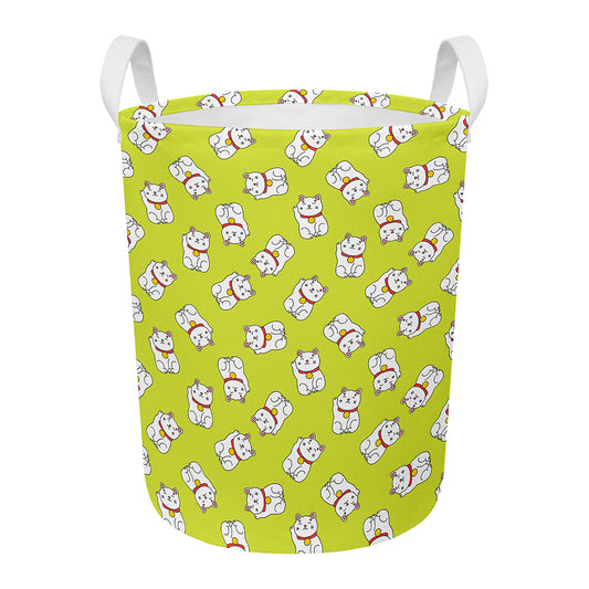 Japanese Lucky Cat Cartoon Print Round Laundry Basket