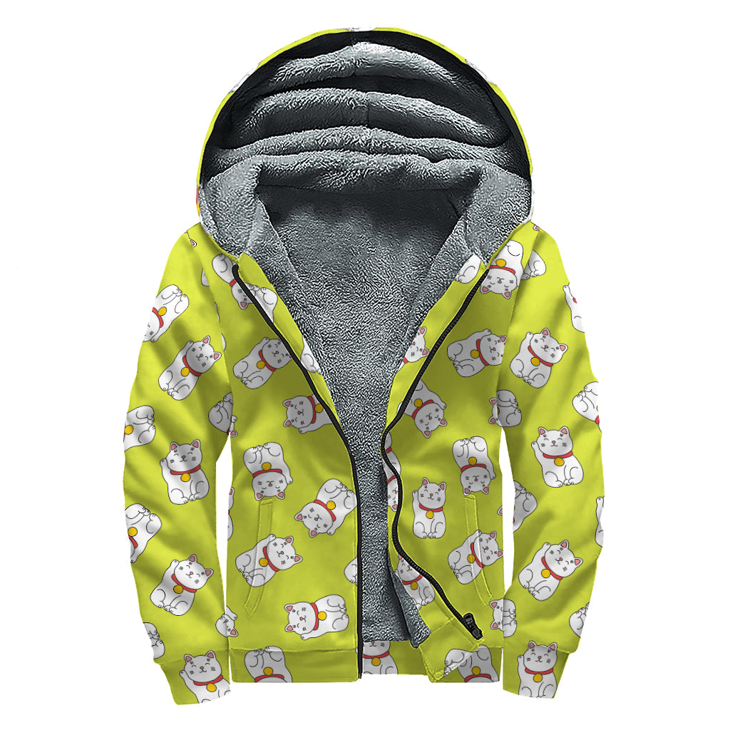 Japanese Lucky Cat Cartoon Print Sherpa Lined Zip Up Hoodie