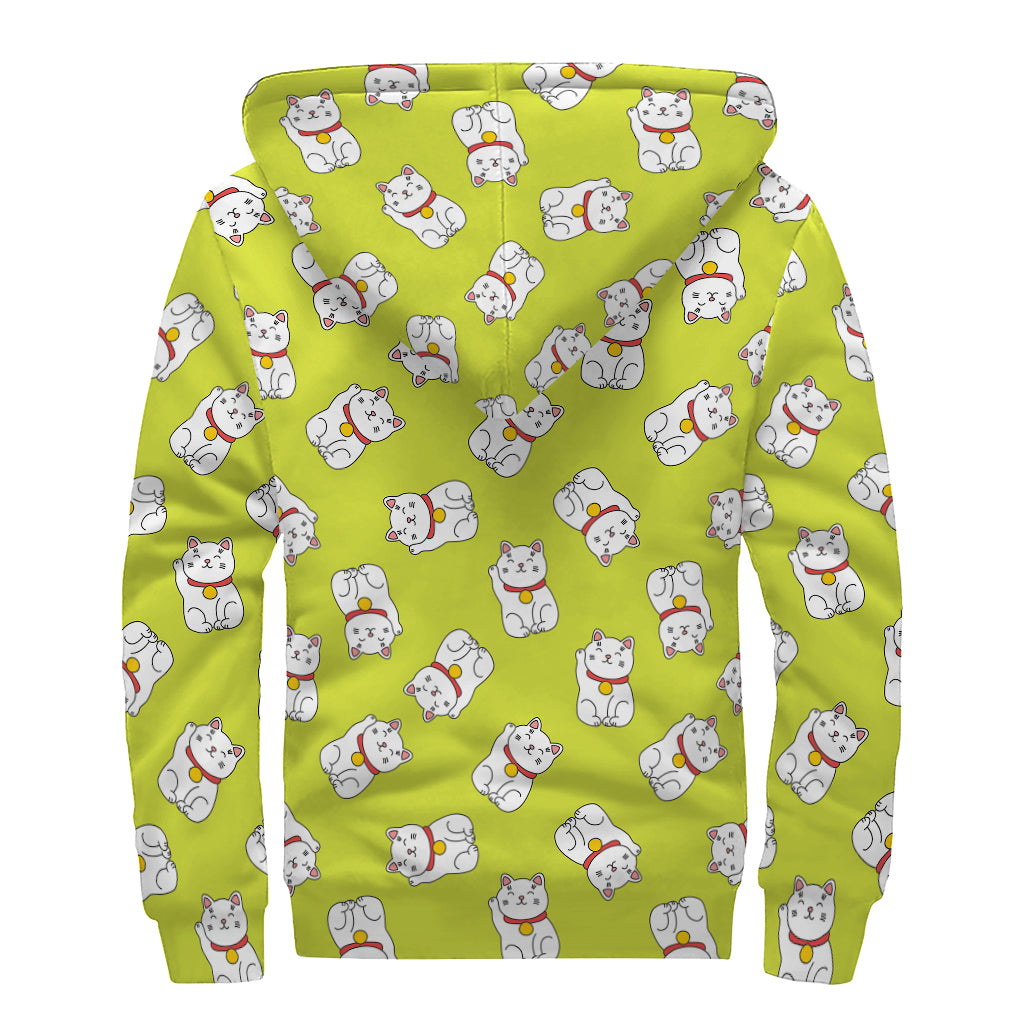 Japanese Lucky Cat Cartoon Print Sherpa Lined Zip Up Hoodie