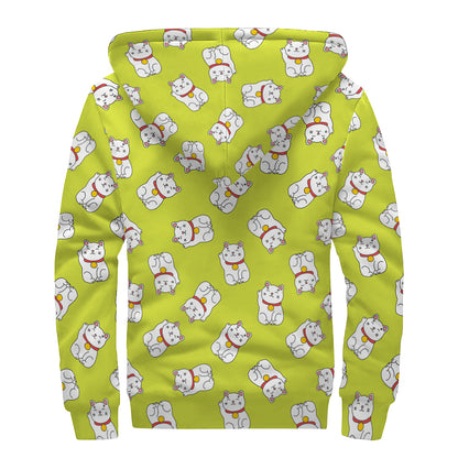 Japanese Lucky Cat Cartoon Print Sherpa Lined Zip Up Hoodie