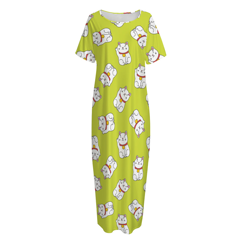Japanese Lucky Cat Cartoon Print Short Sleeve Long Nightdress
