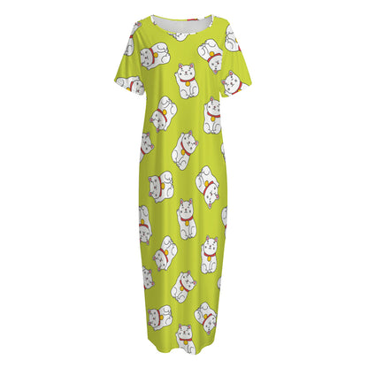Japanese Lucky Cat Cartoon Print Short Sleeve Long Nightdress