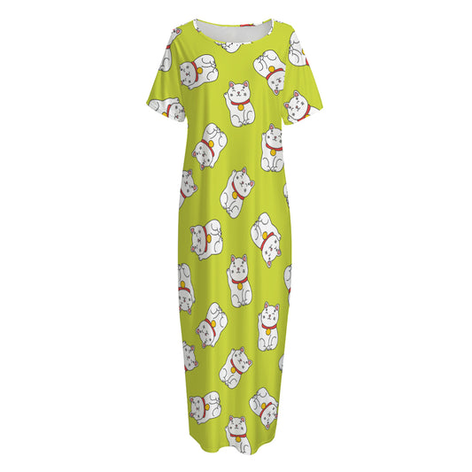 Japanese Lucky Cat Cartoon Print Short Sleeve Long Nightdress