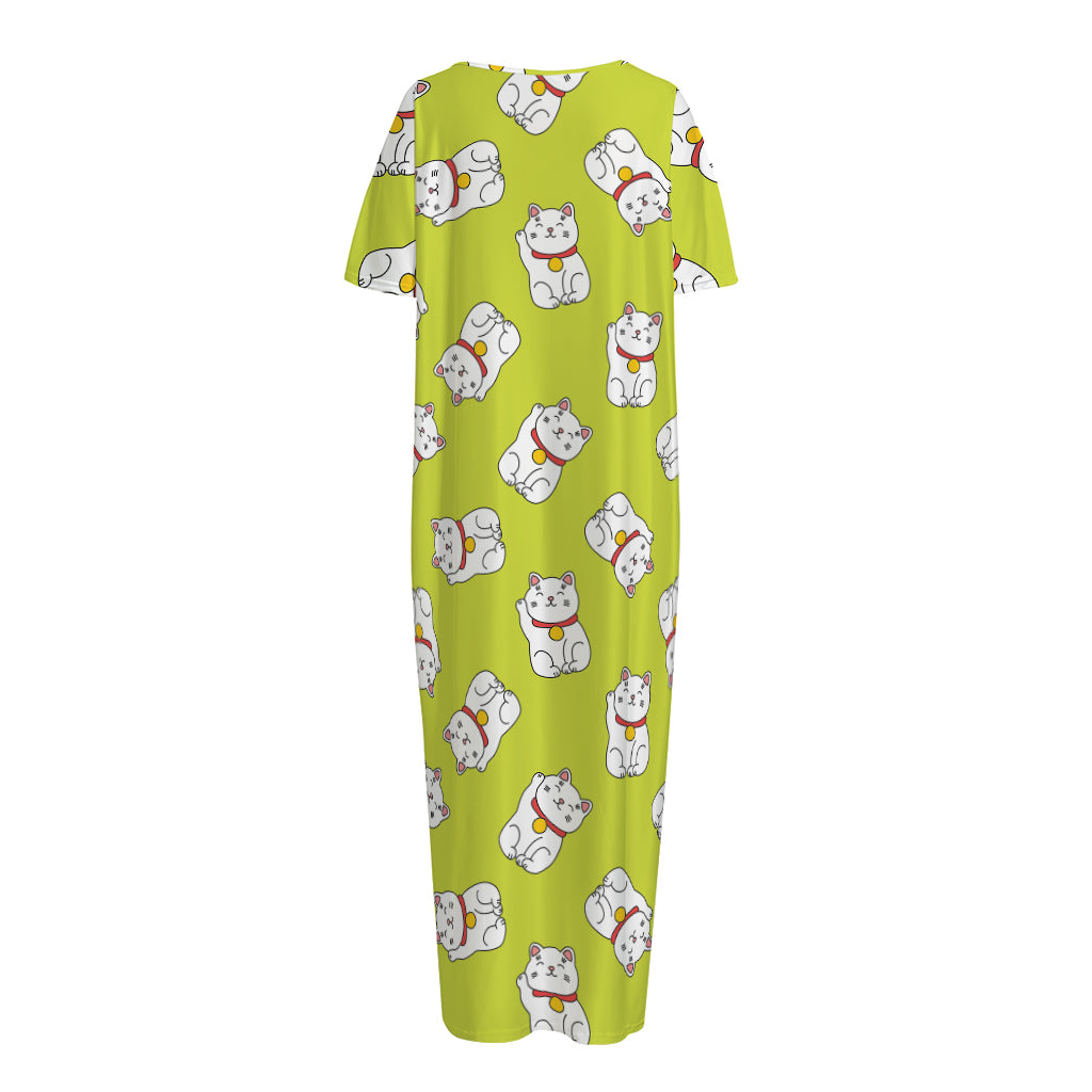 Japanese Lucky Cat Cartoon Print Short Sleeve Long Nightdress