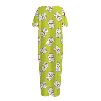 Japanese Lucky Cat Cartoon Print Short Sleeve Long Nightdress