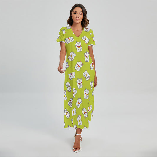 Japanese Lucky Cat Cartoon Print Short Sleeve Maxi Dress