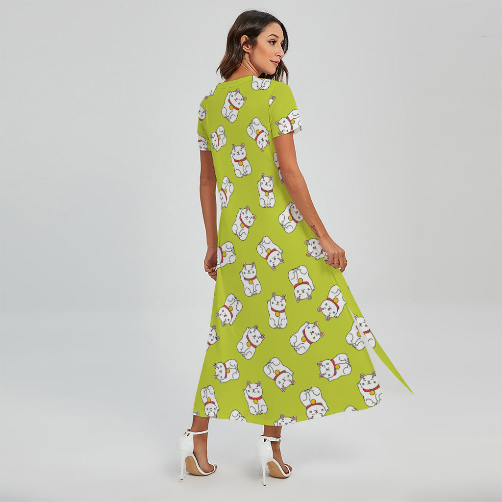 Japanese Lucky Cat Cartoon Print Short Sleeve Maxi Dress