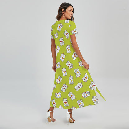 Japanese Lucky Cat Cartoon Print Short Sleeve Maxi Dress