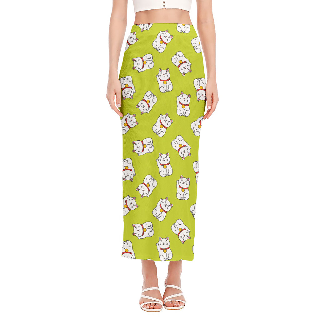 Japanese Lucky Cat Cartoon Print Side Slit Maxi Skirt