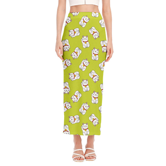 Japanese Lucky Cat Cartoon Print Side Slit Maxi Skirt