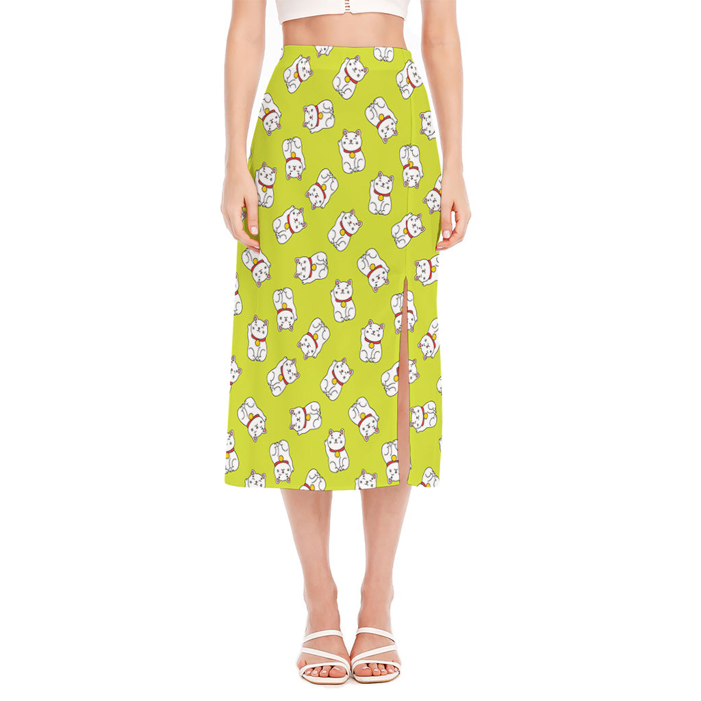 Japanese Lucky Cat Cartoon Print Side Slit Midi Skirt