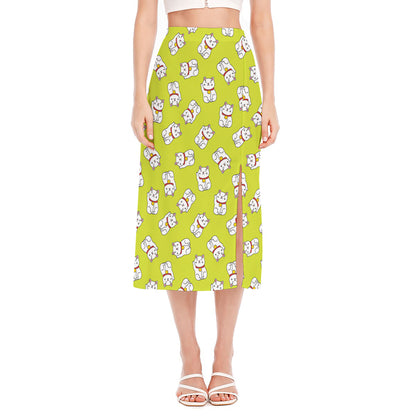 Japanese Lucky Cat Cartoon Print Side Slit Midi Skirt