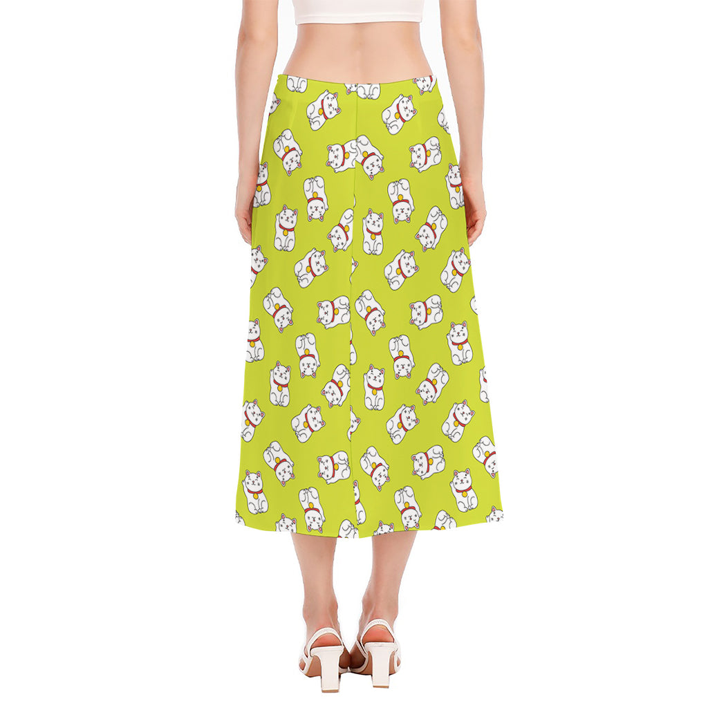 Japanese Lucky Cat Cartoon Print Side Slit Midi Skirt