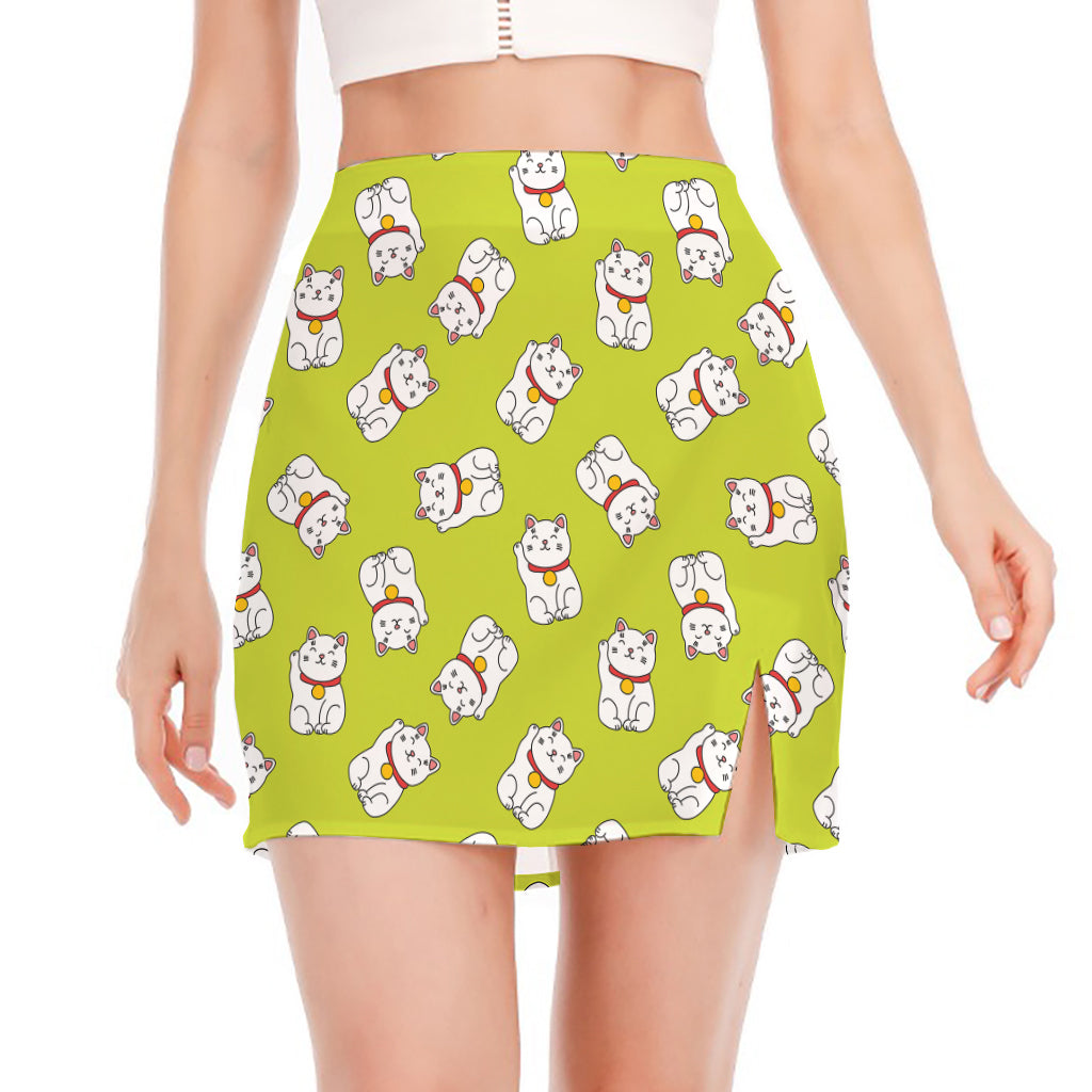 Japanese Lucky Cat Cartoon Print Side Slit Mini Skirt