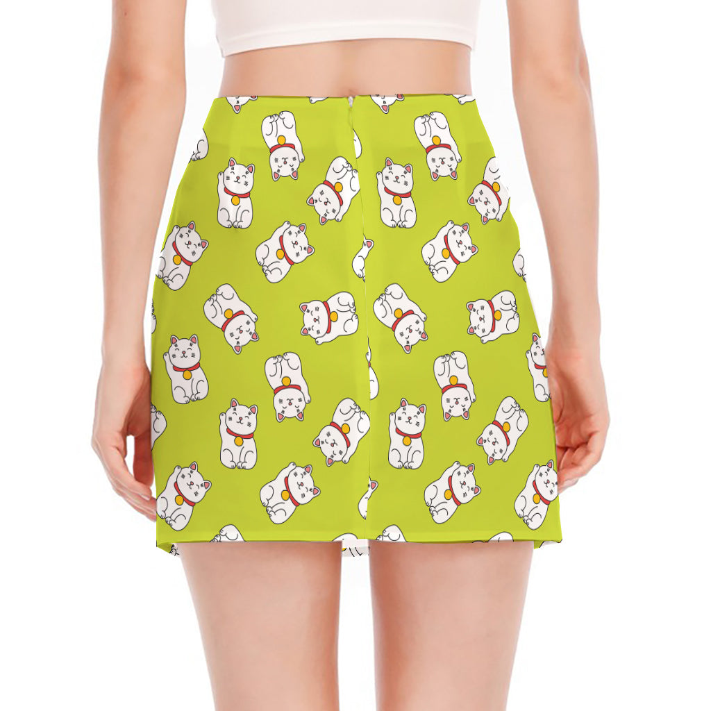 Japanese Lucky Cat Cartoon Print Side Slit Mini Skirt