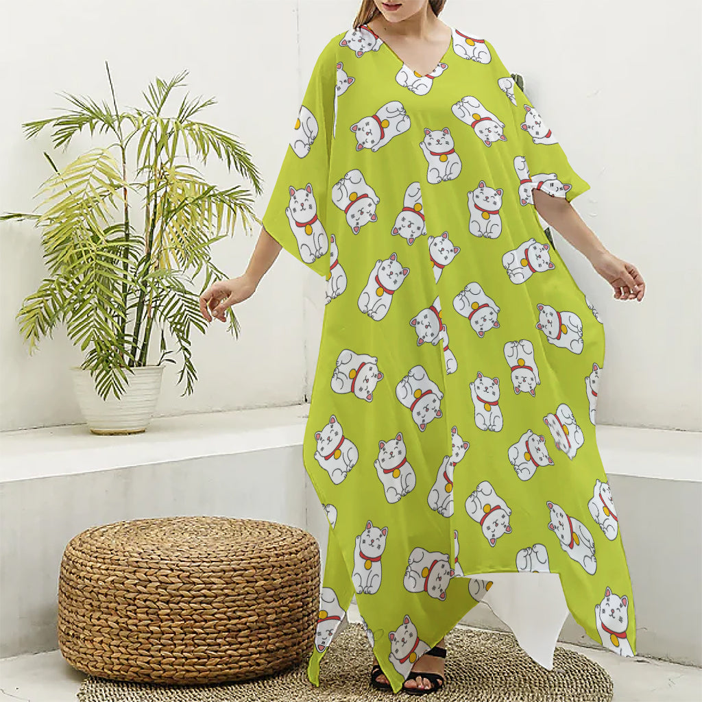 Japanese Lucky Cat Cartoon Print Silk V-Neck Kaftan Dress
