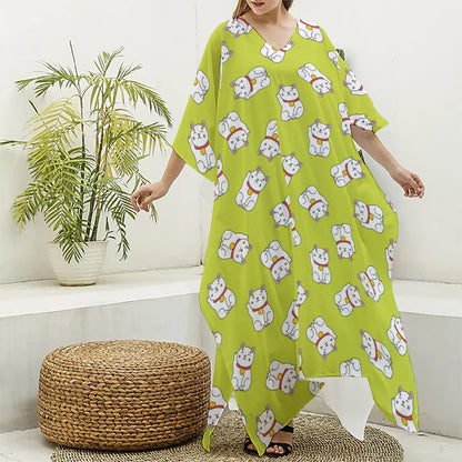 Japanese Lucky Cat Cartoon Print Silk V-Neck Kaftan Dress