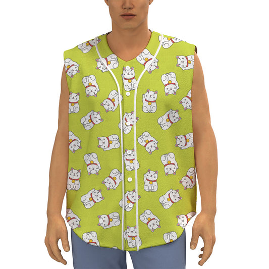 Japanese Lucky Cat Cartoon Print Sleeveless Baseball Jersey