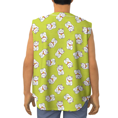 Japanese Lucky Cat Cartoon Print Sleeveless Baseball Jersey