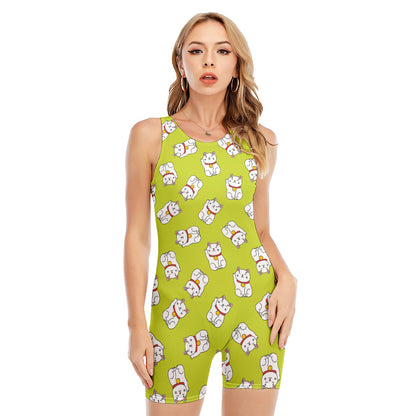 Japanese Lucky Cat Cartoon Print Sleeveless One Piece Swimsuit