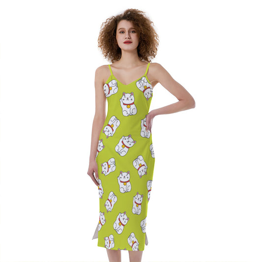 Japanese Lucky Cat Cartoon Print Slim Fit Midi Cami Dress
