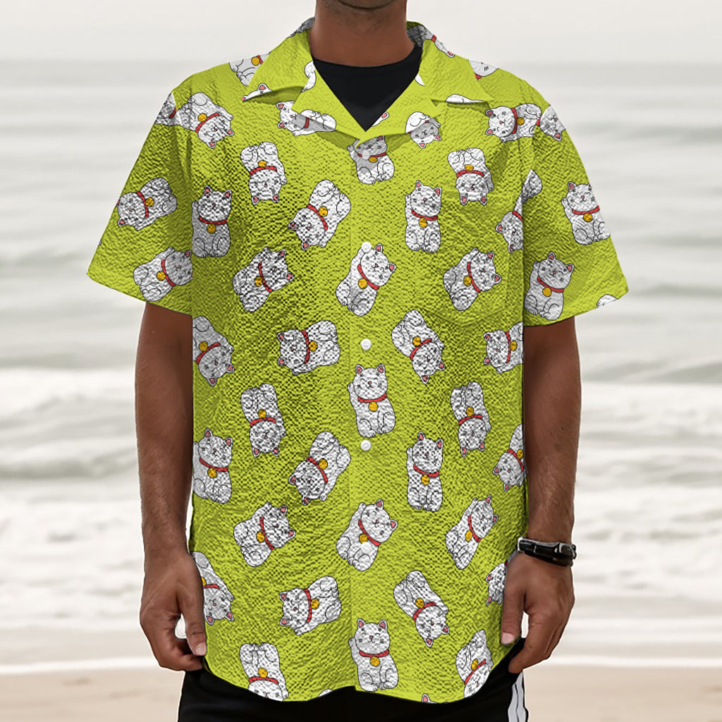 Japanese Lucky Cat Cartoon Print Textured Short Sleeve Shirt