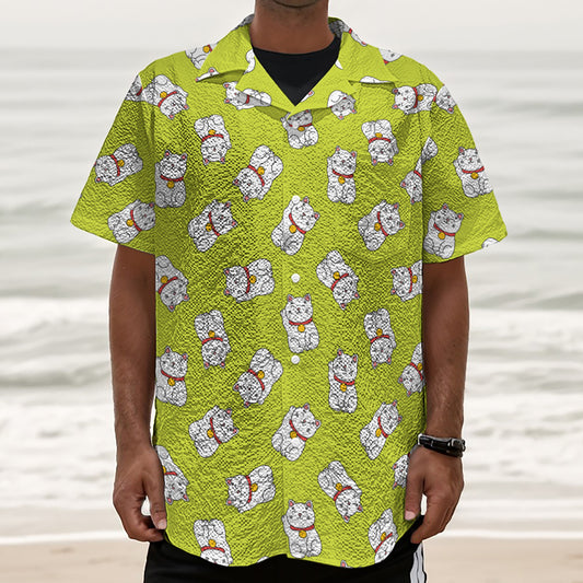 Japanese Lucky Cat Cartoon Print Textured Short Sleeve Shirt