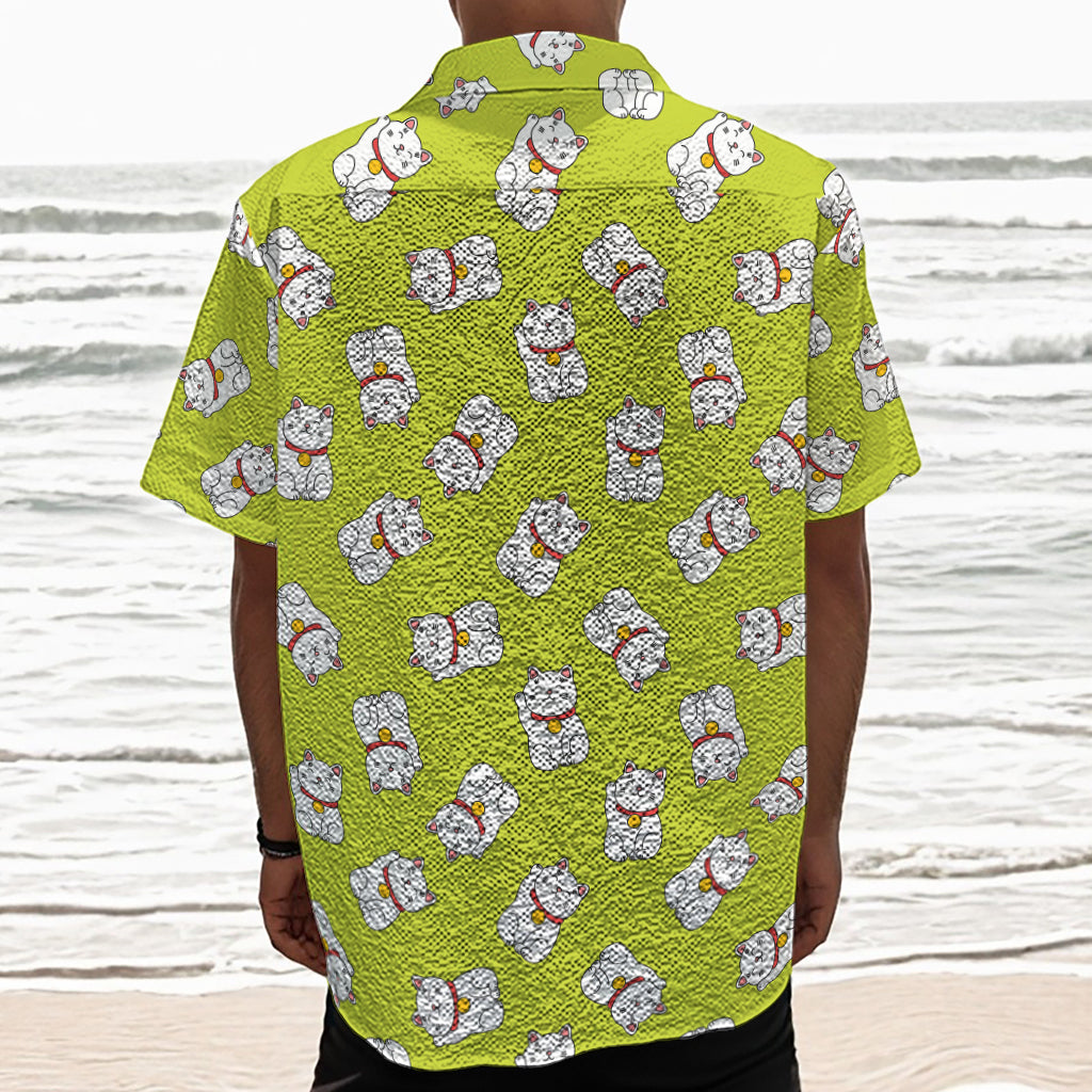 Japanese Lucky Cat Cartoon Print Textured Short Sleeve Shirt