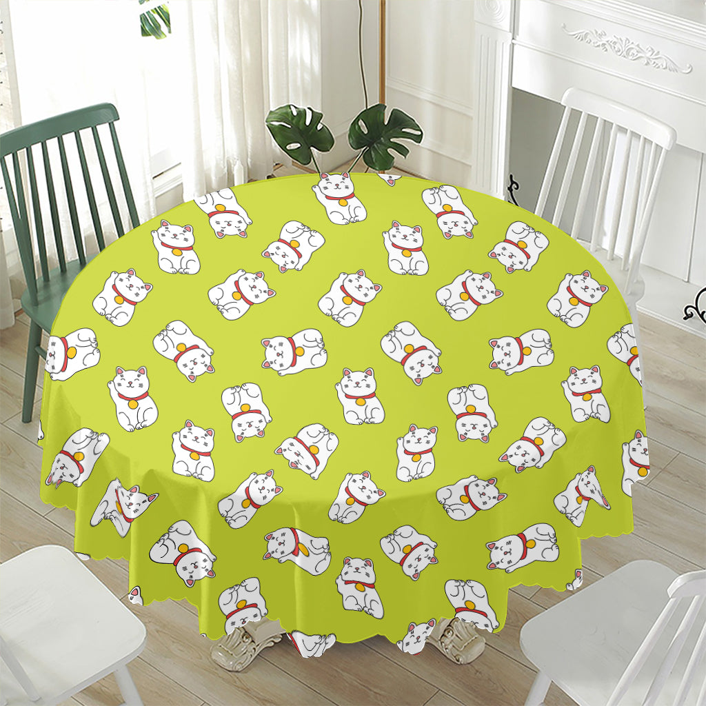 Japanese Lucky Cat Cartoon Print Waterproof Round Tablecloth