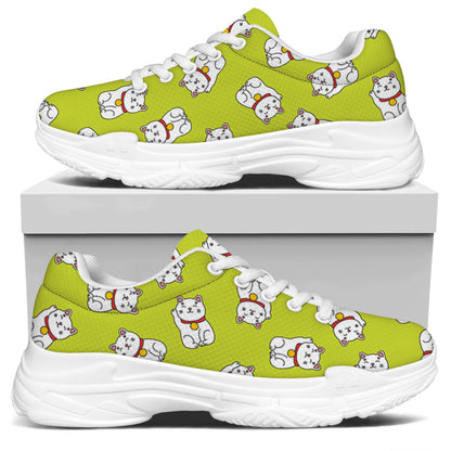Japanese Lucky Cat Cartoon Print White Chunky Shoes