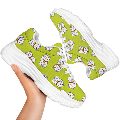 Japanese Lucky Cat Cartoon Print White Chunky Shoes