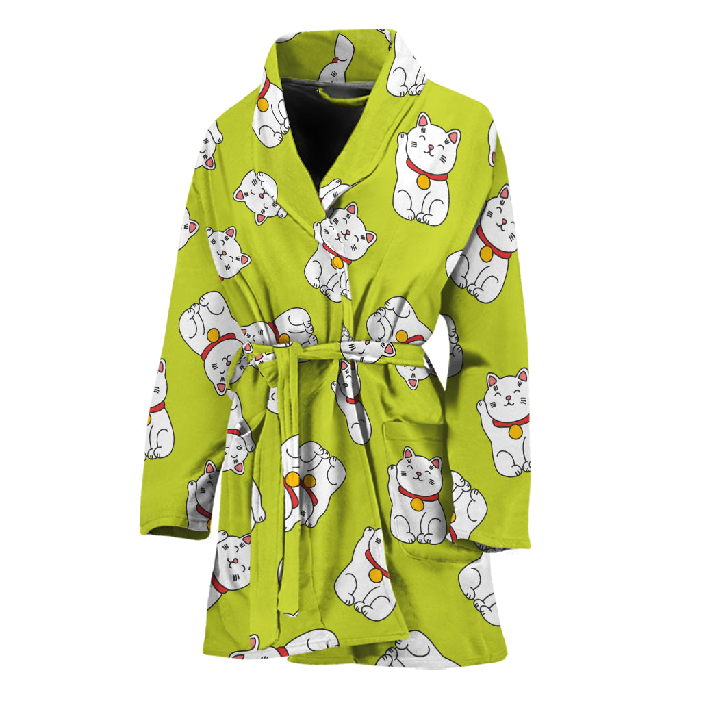 Japanese Lucky Cat Cartoon Print Women's Bathrobe
