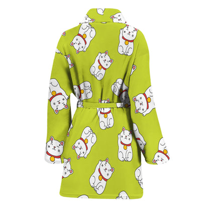 Japanese Lucky Cat Cartoon Print Women's Bathrobe
