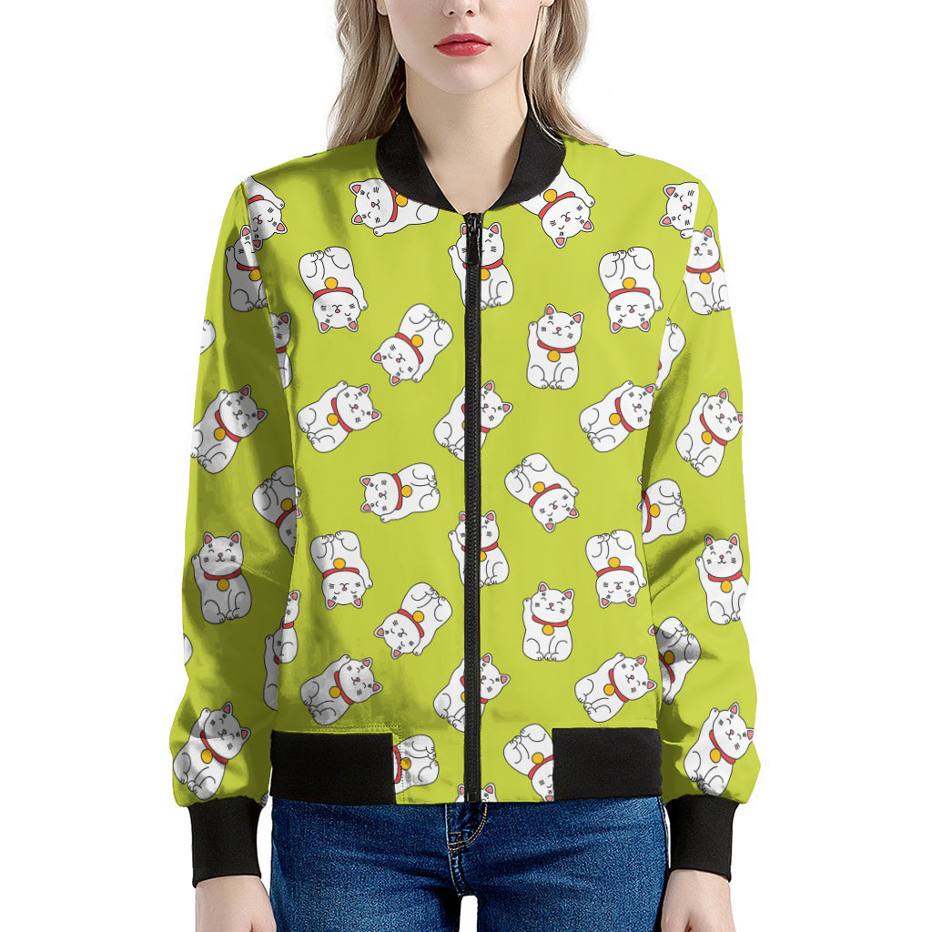 Japanese Lucky Cat Cartoon Print Women's Bomber Jacket