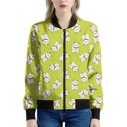Japanese Lucky Cat Cartoon Print Women's Bomber Jacket