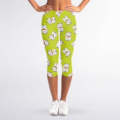 Japanese Lucky Cat Cartoon Print Women's Capri Leggings