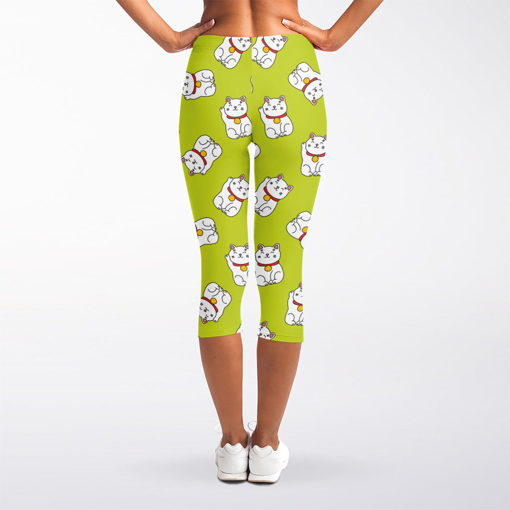 Japanese Lucky Cat Cartoon Print Women's Capri Leggings