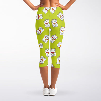 Japanese Lucky Cat Cartoon Print Women's Capri Leggings