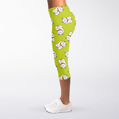 Japanese Lucky Cat Cartoon Print Women's Capri Leggings