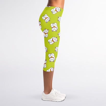 Japanese Lucky Cat Cartoon Print Women's Capri Leggings