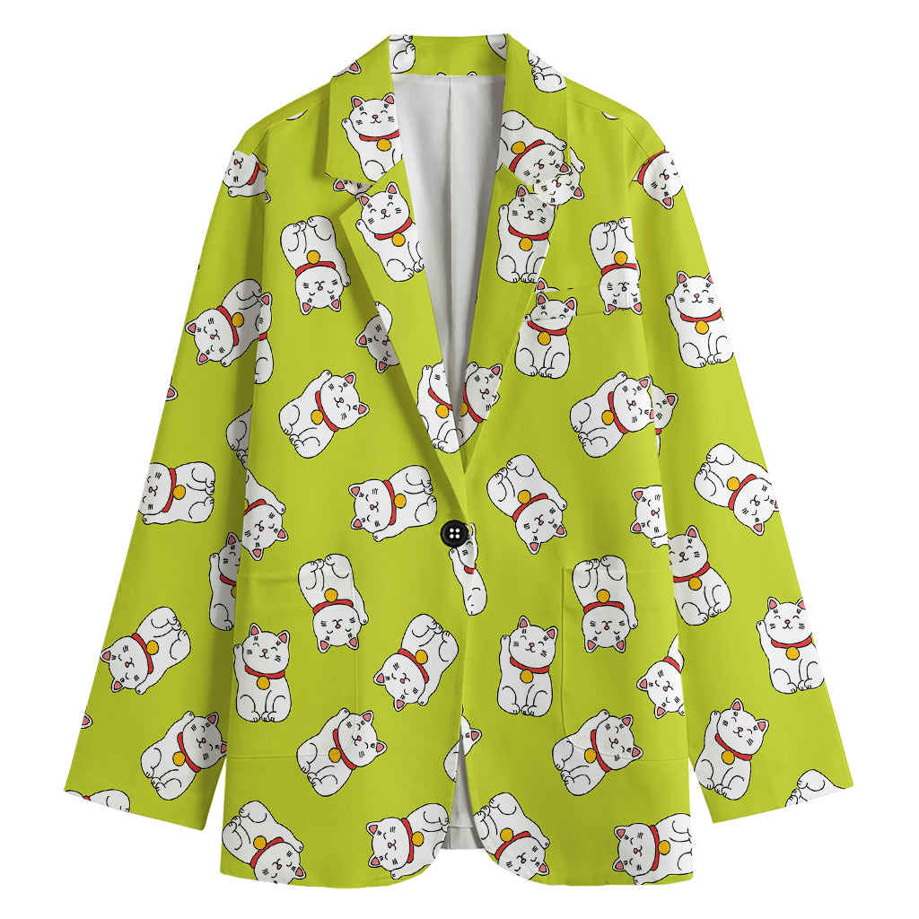 Japanese Lucky Cat Cartoon Print Women's Cotton Blazer