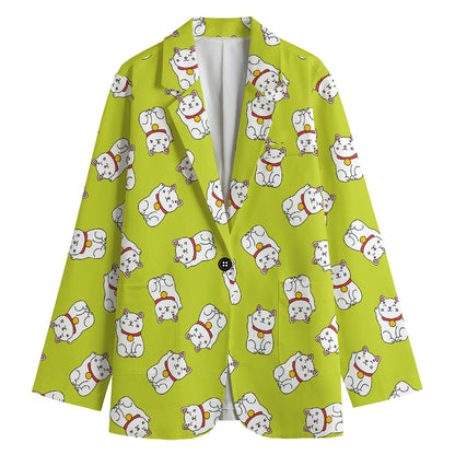 Japanese Lucky Cat Cartoon Print Women's Cotton Blazer