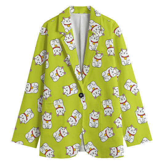Japanese Lucky Cat Cartoon Print Women's Cotton Blazer
