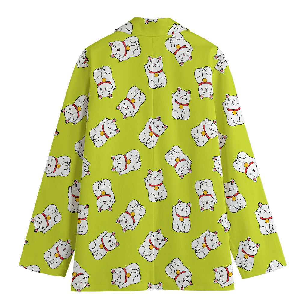 Japanese Lucky Cat Cartoon Print Women's Cotton Blazer