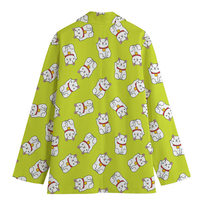 Japanese Lucky Cat Cartoon Print Women's Cotton Blazer