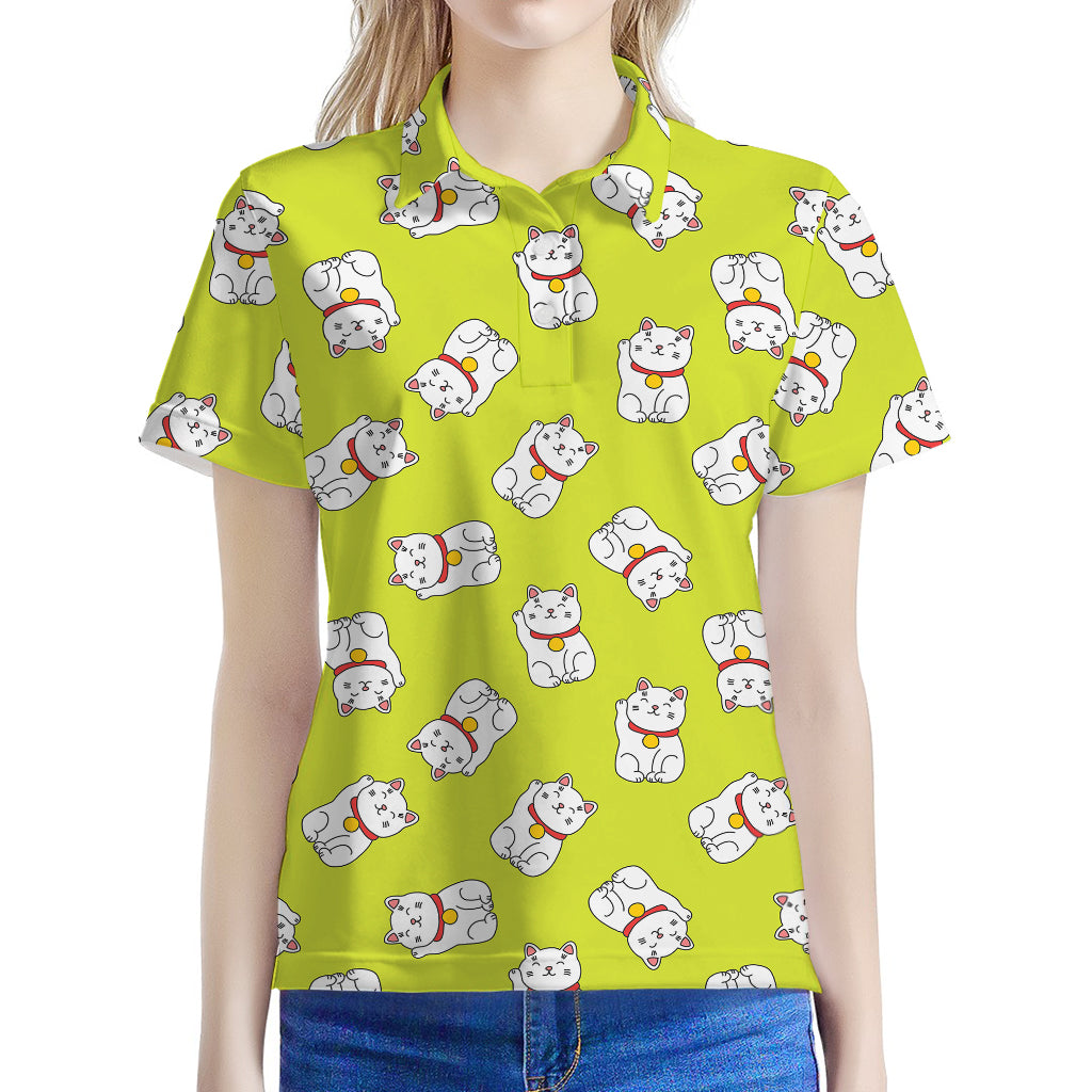 Japanese Lucky Cat Cartoon Print Women's Polo Shirt